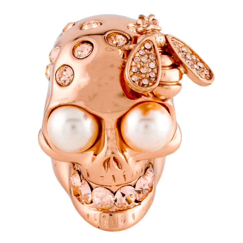 ALEXANDER MCQUEEN SKULL 💀 RING WITH BEE 🐝 ROSE GOLD PEARL AND CRYSTAL